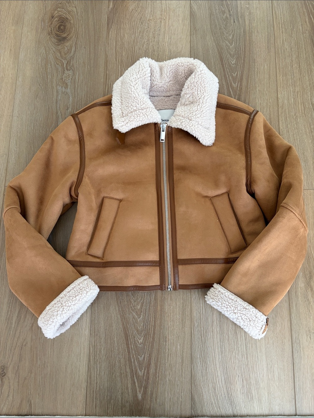 Abercrombie & Fitch Vegan Suede Tan Cropped Teddy-Trim Jacket